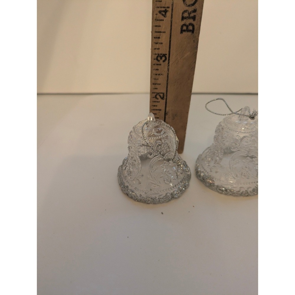 Clear Plastic Bell Ornaments Glitter Trim Hanging Christmas Holiday  Set of 4 - Picture 4 of 4